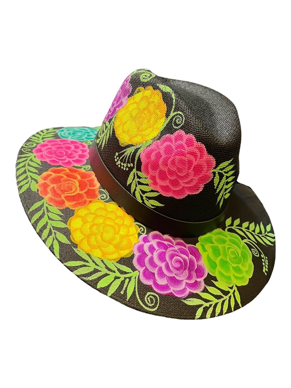 HAT MEXICAN Artisanal Hand Painted Fedora Floral Sombrero Panama Bohemian Black